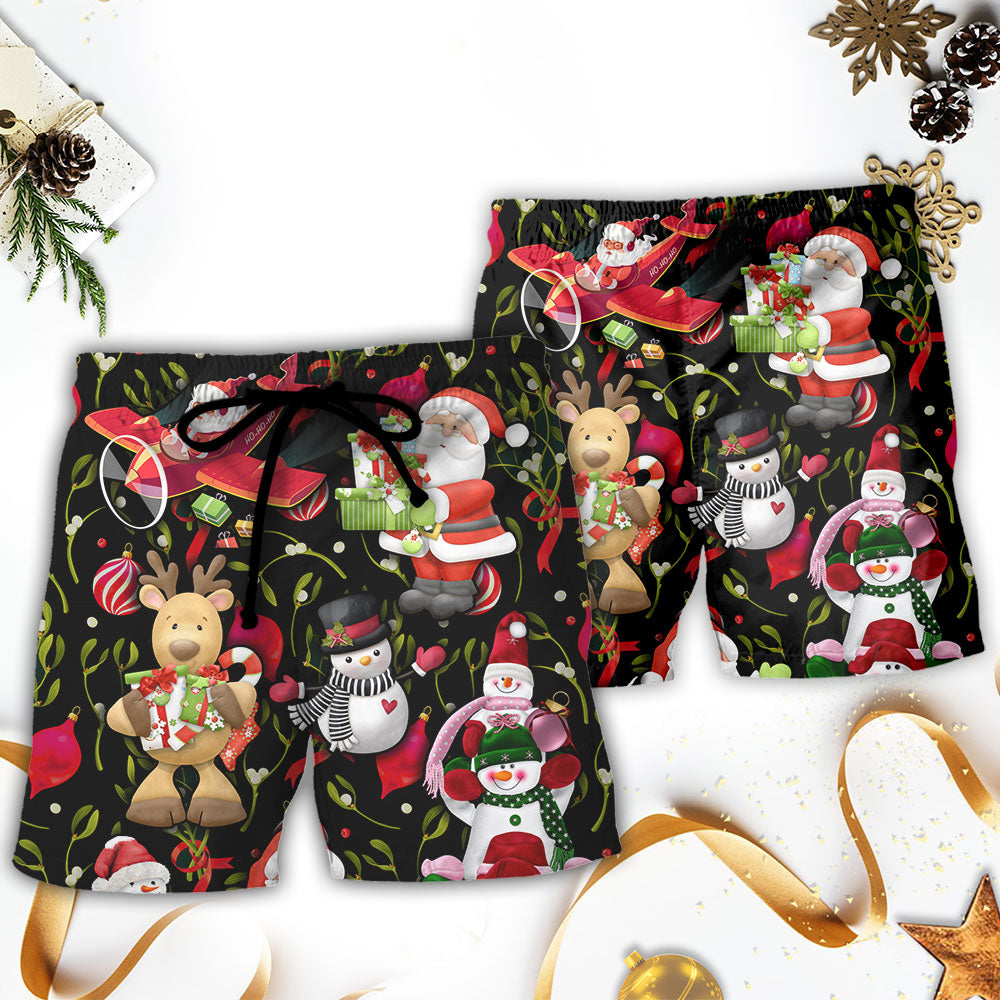 Christmas Santa Snowman Beach Shorts Pattern Detail For Island Trips And Easy Warm Weather Wear