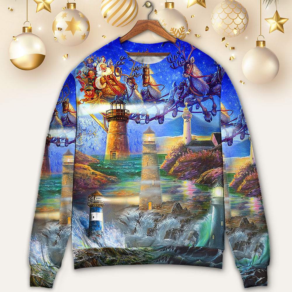 Lighthouse Christmas Santa Shine Like A Light Sweater For Seasonal Parties Cozy Gatherings And Thoughtful Holiday Gifts