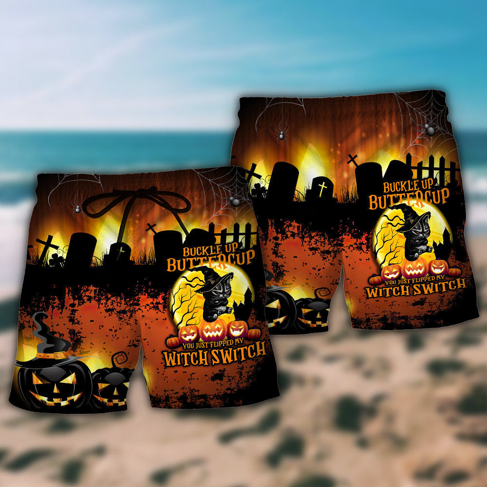 Halloween Cat Buckle Up Buttercup Beach Shorts For Beach Trips And Relaxed Vacation Styling