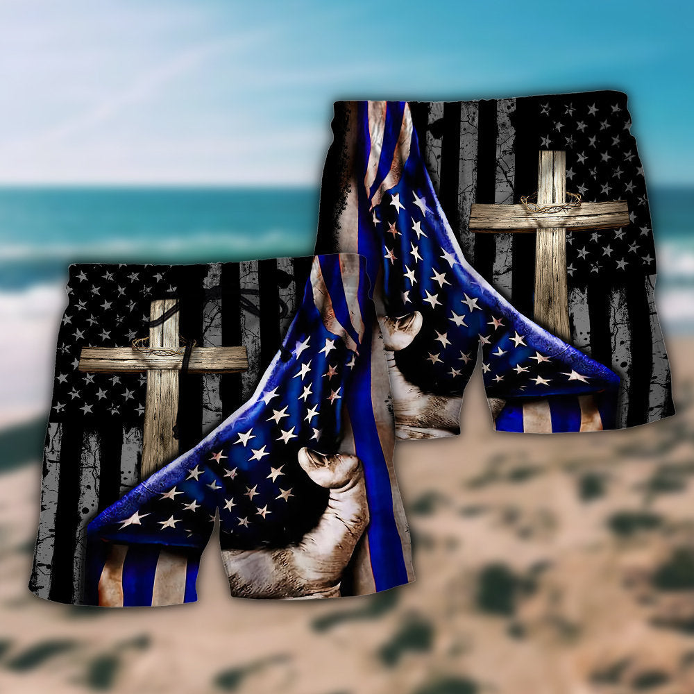 Jesus Faith Cross Support Blue Beach Shorts Pattern Detail For Resort Wear And Weekend Casual Style