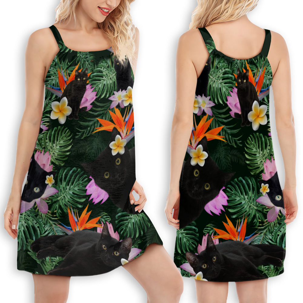 Cat Spirit Tropical Leaf V-Neck Sleeveless Cami Dress For Tropical Parties And Casual Everyday Style