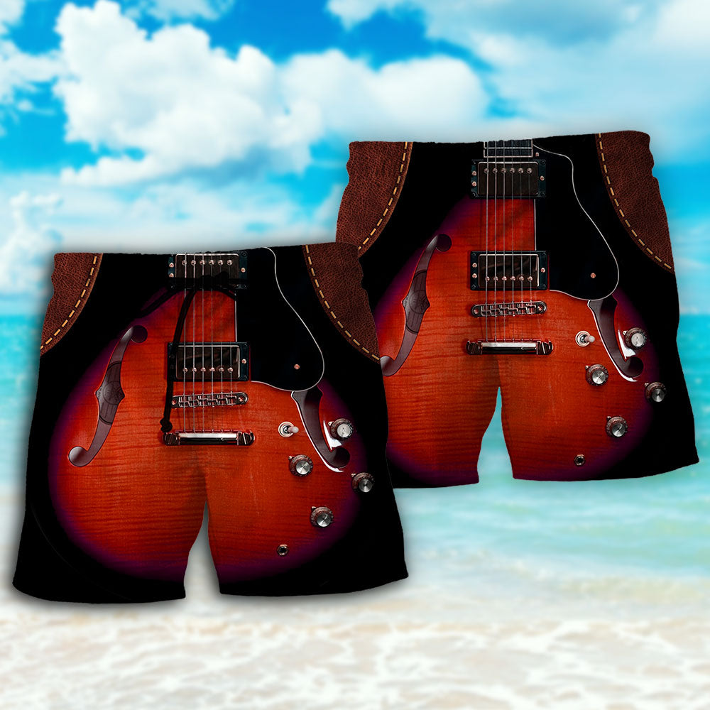 Guitar Red Leather Vintage Beach Shorts For Summer Vacation And Coastal Travel