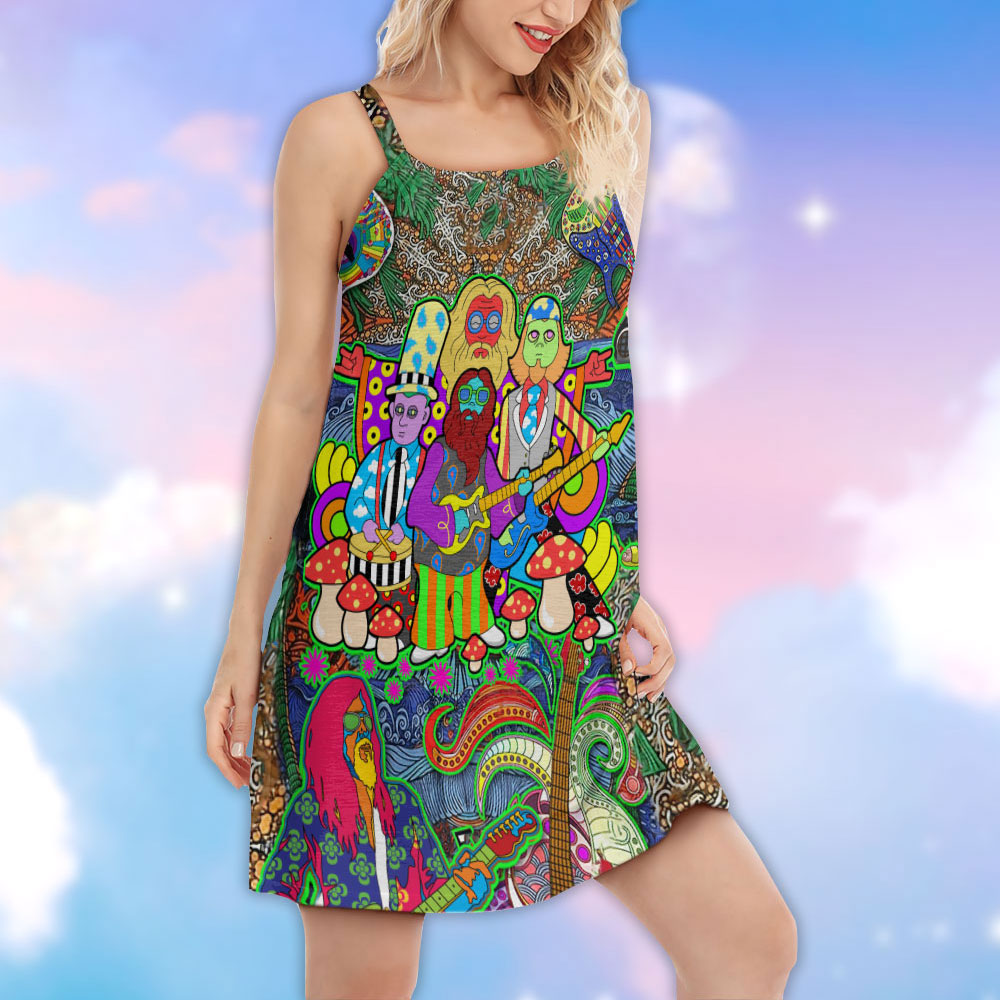 Hippie Music Electric Guitar V-Neck Sleeveless Cami Dress For Vacations And Artistic Everyday Fashion