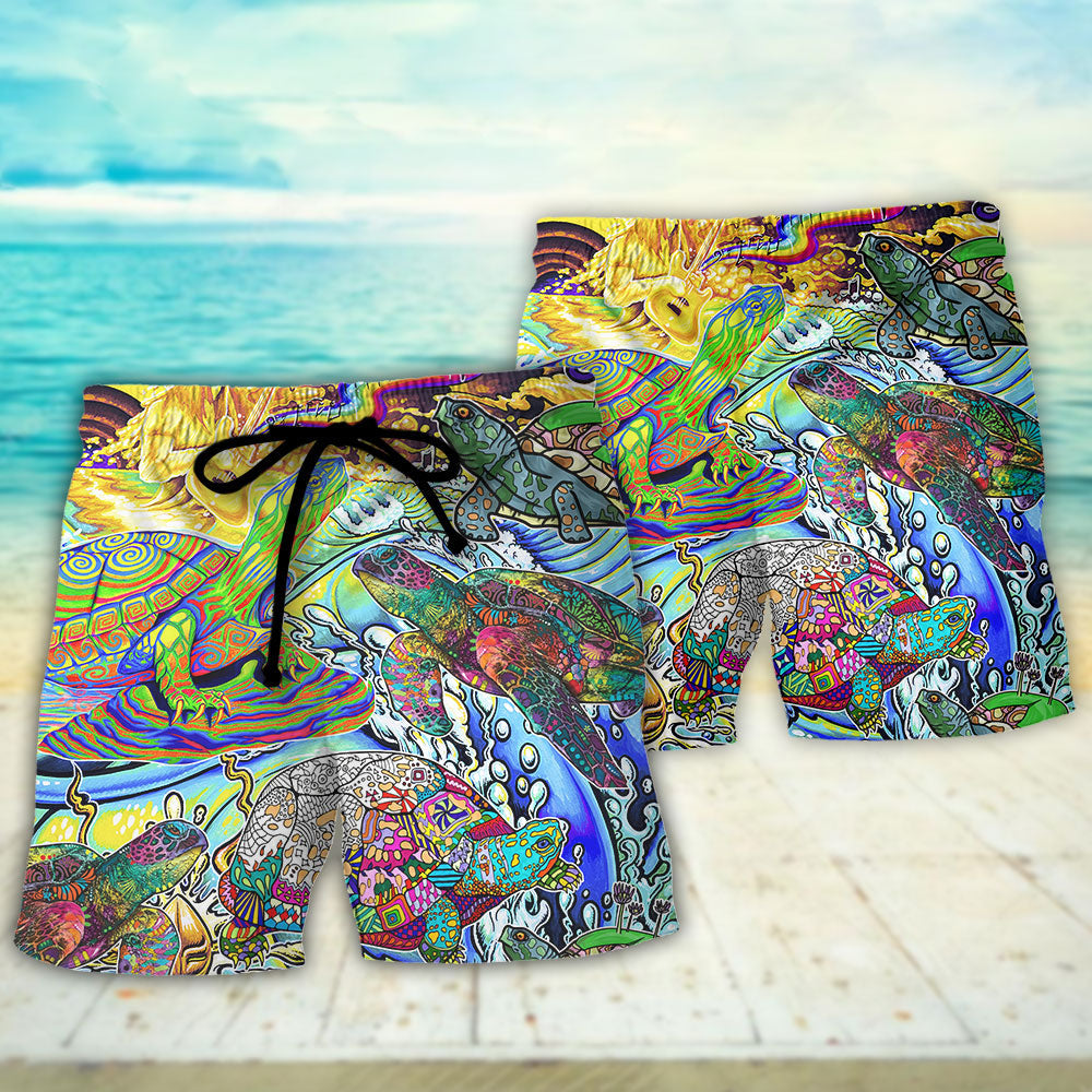 Hippie Turtle Colorful Peace Beach Shorts Design View For Comfortable Resort And Beach Styling