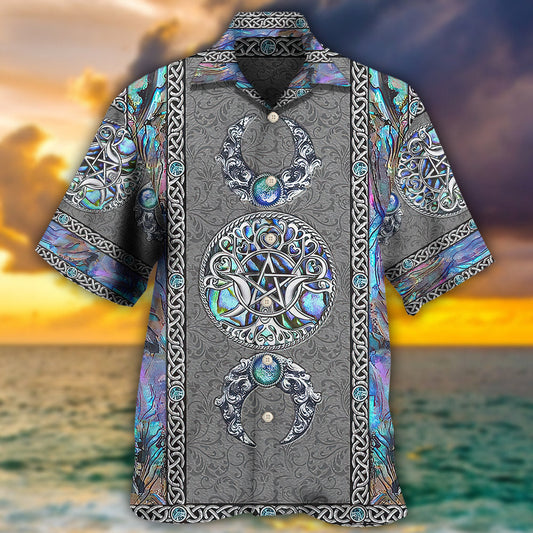 Wicca Mystic Triple Moon Witch Symbol Hawaiian Shirt Pattern View For Relaxed Warm Weather Outfits