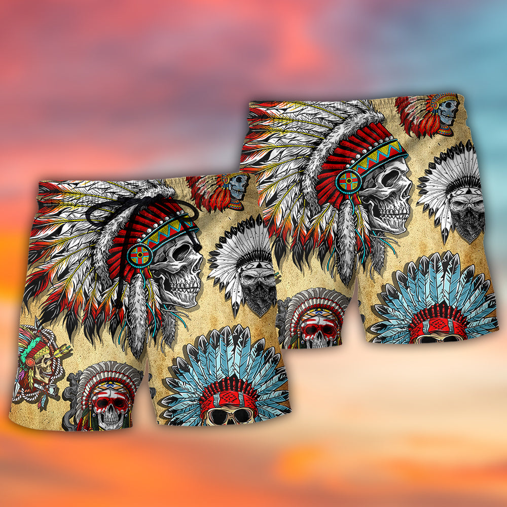 Native Skull Vintage Artistic Beach Shorts For Beach Trips And Relaxed Vacation Styling