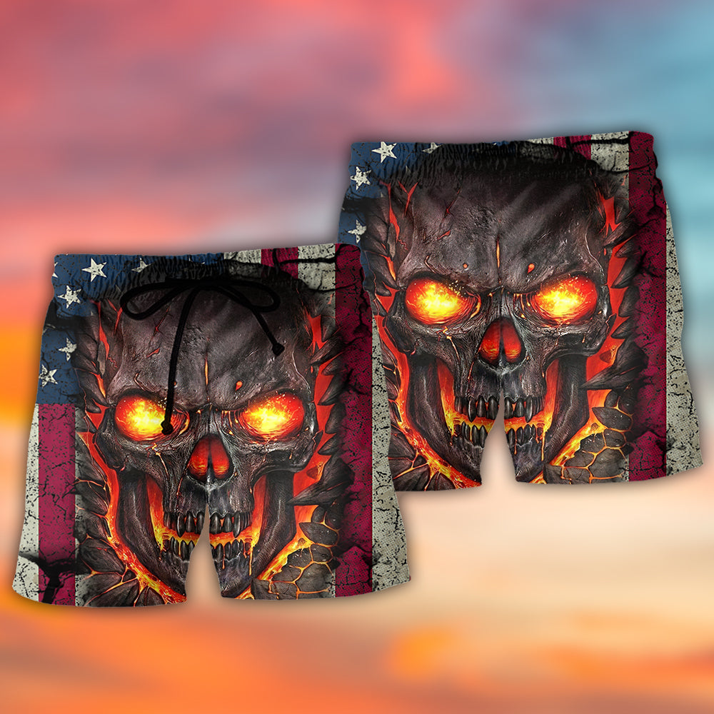 Skull Burning Angry USA Flag Vintage Beach Shorts Pattern View For Vacation Travel And Outdoor Fun