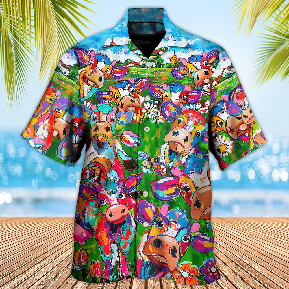 Floral Funny Cow Farm Hawaiian Shirt Artwork Detail For Tropical Trips And Casual Outings