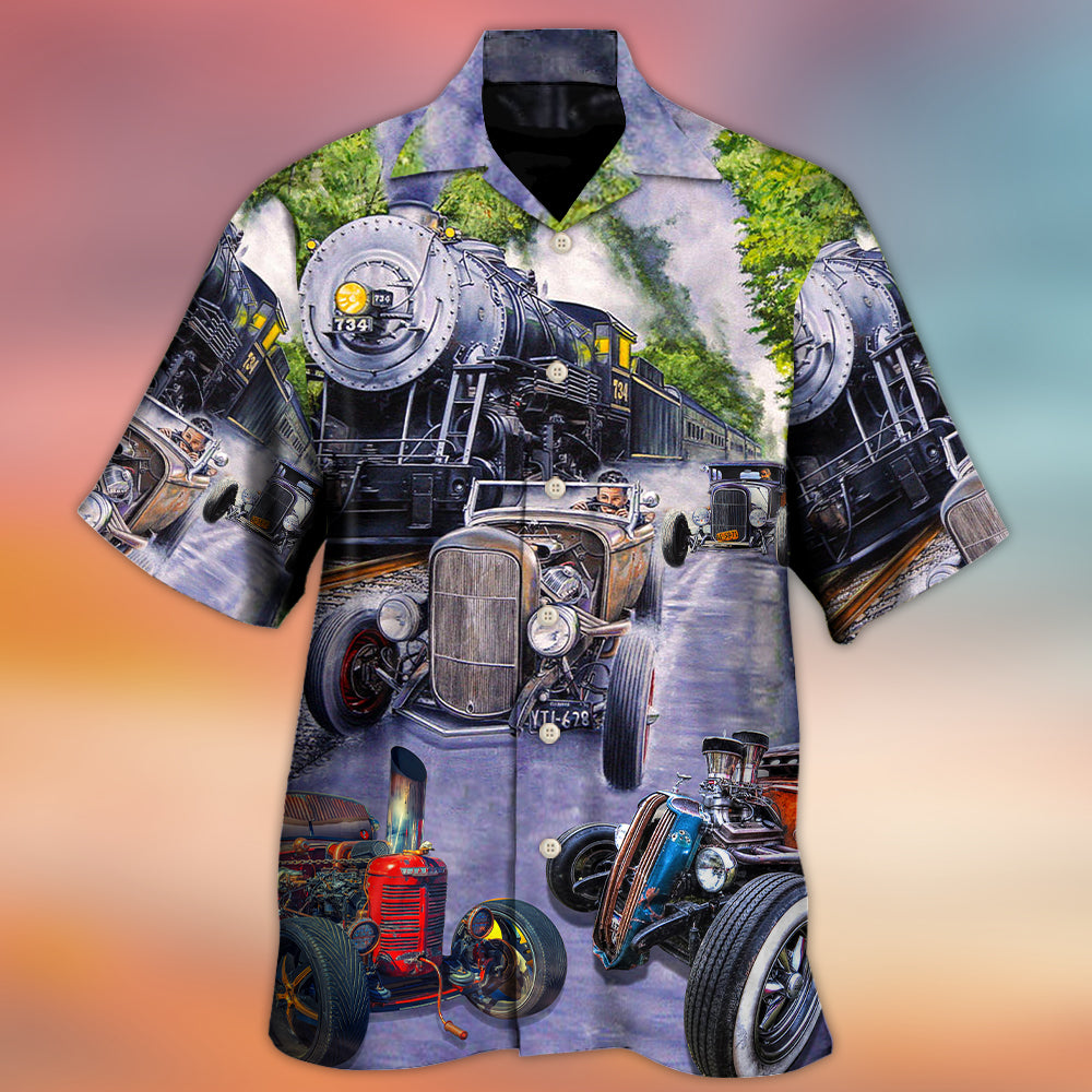 Retro Hot Rod Racing Speed Hawaiian Shirt Collar And Front View For Vacation Style