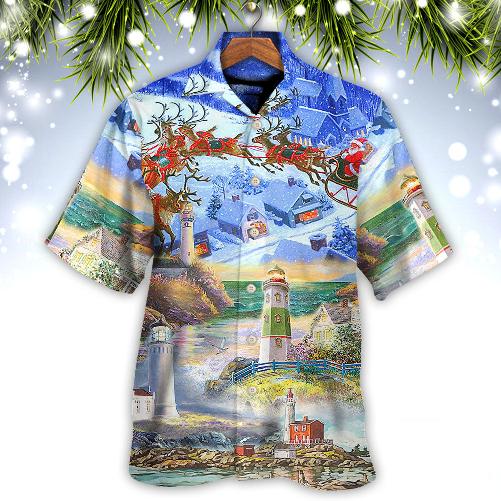 Lighthouse Christmas Santa Hawaiian Shirt Pattern Detail For Summer Holidays And Outdoor Fun