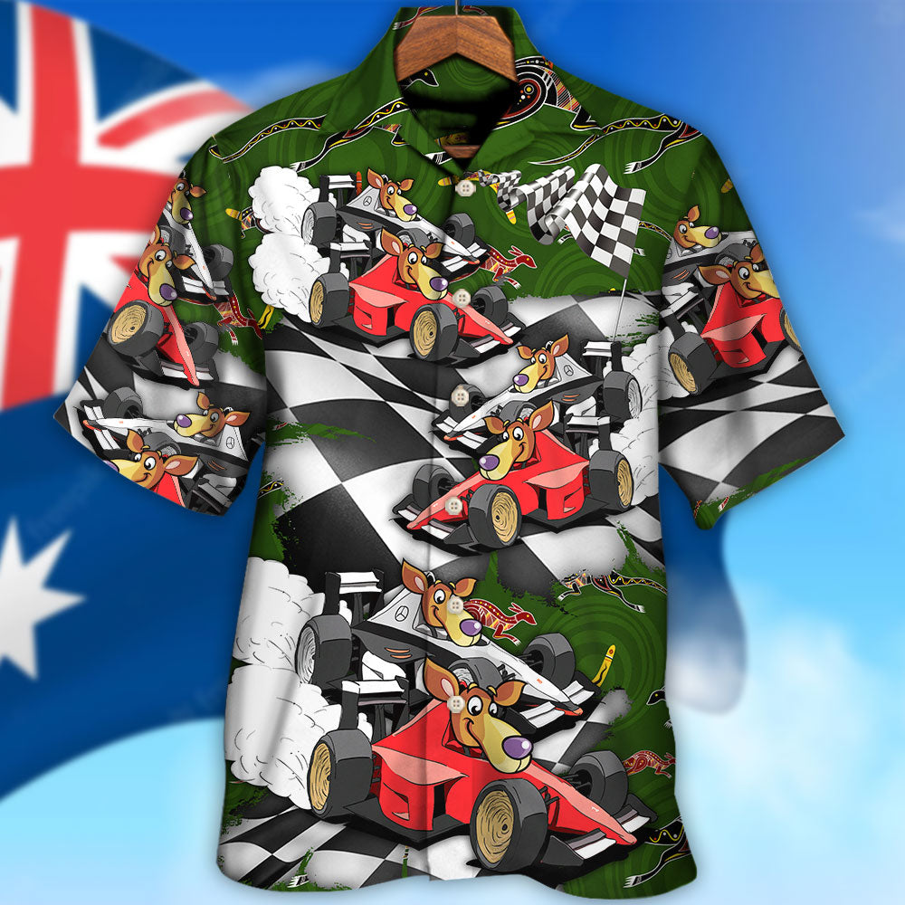 Australian Kangaroo Racing Car Hawaiian Shirt Front Pattern View For Outdoor Gatherings