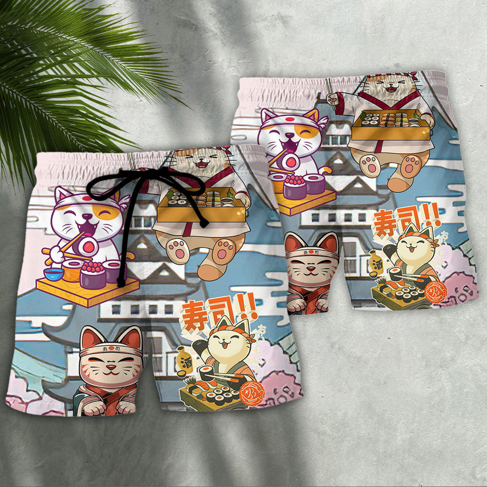 Cat Sushi Cute Food Art Beach Shorts For Resort Days And Casual Style