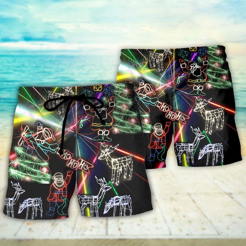 Neon Christmas Tree And Snowman Beach Shorts Design Detail For Weekend Getaways And Beach Days