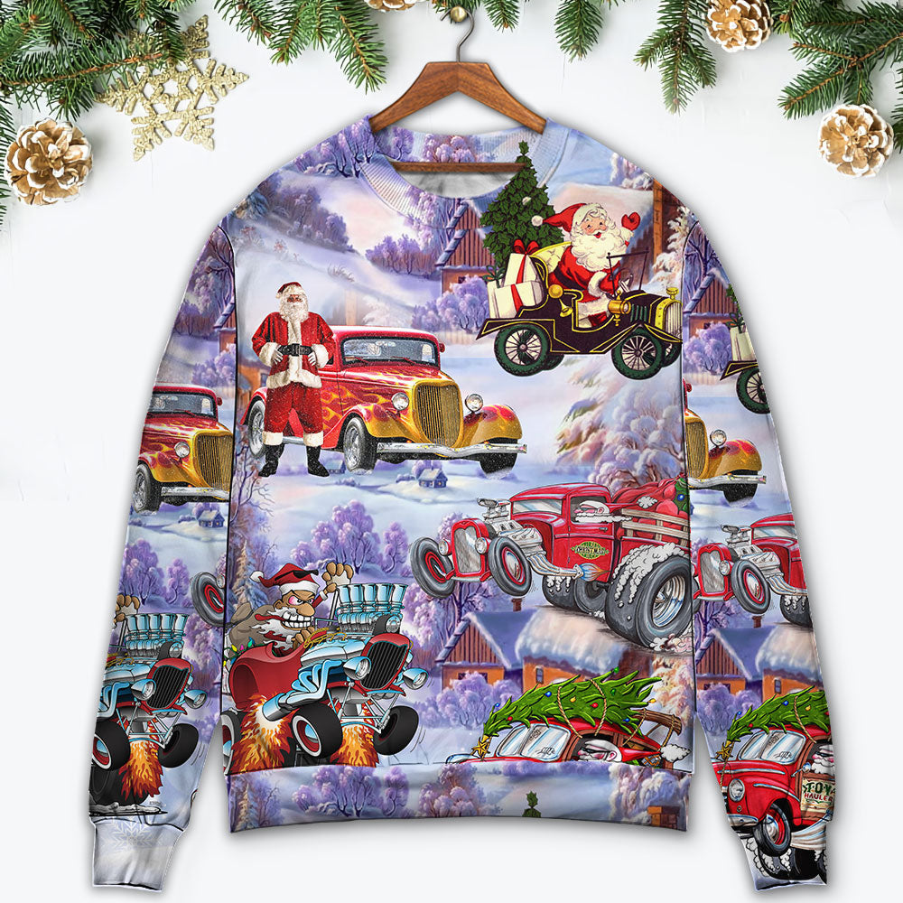 Santa Hot Rod Christmas Tree Sweater For Seasonal Parties Cozy Gatherings And Thoughtful Holiday Gifts