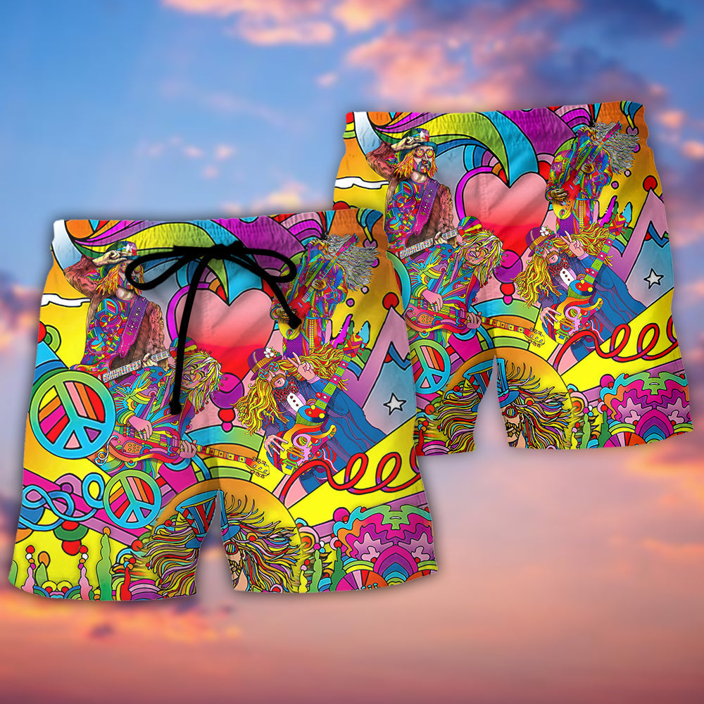 Hippie Music Guitar Musician Beach Shorts Pattern Detail For Vacation Style And Travel Ready Comfort