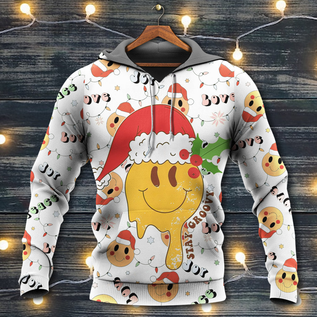 Hippie Christmas Groovy Santa Smile Face Hoodie For Seasonal Parties Casual Wear And Thoughtful Holiday Gifts