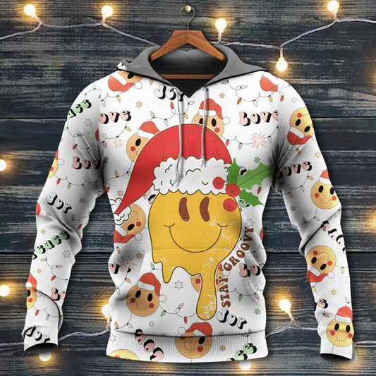 Hippie Christmas Groovy Santa Smile Face Hoodie For Seasonal Parties Casual Wear And Thoughtful Holiday Gifts