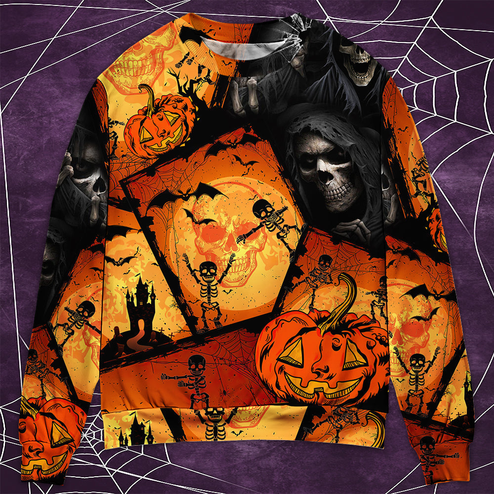 Halloween Skull Pumpkin Night Sweater For Art Lovers Holidays Parties And Comfortable Wear