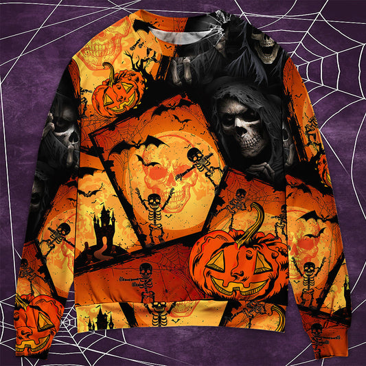 Halloween Skull Pumpkin Night Sweater For Art Lovers Holidays Parties And Comfortable Wear