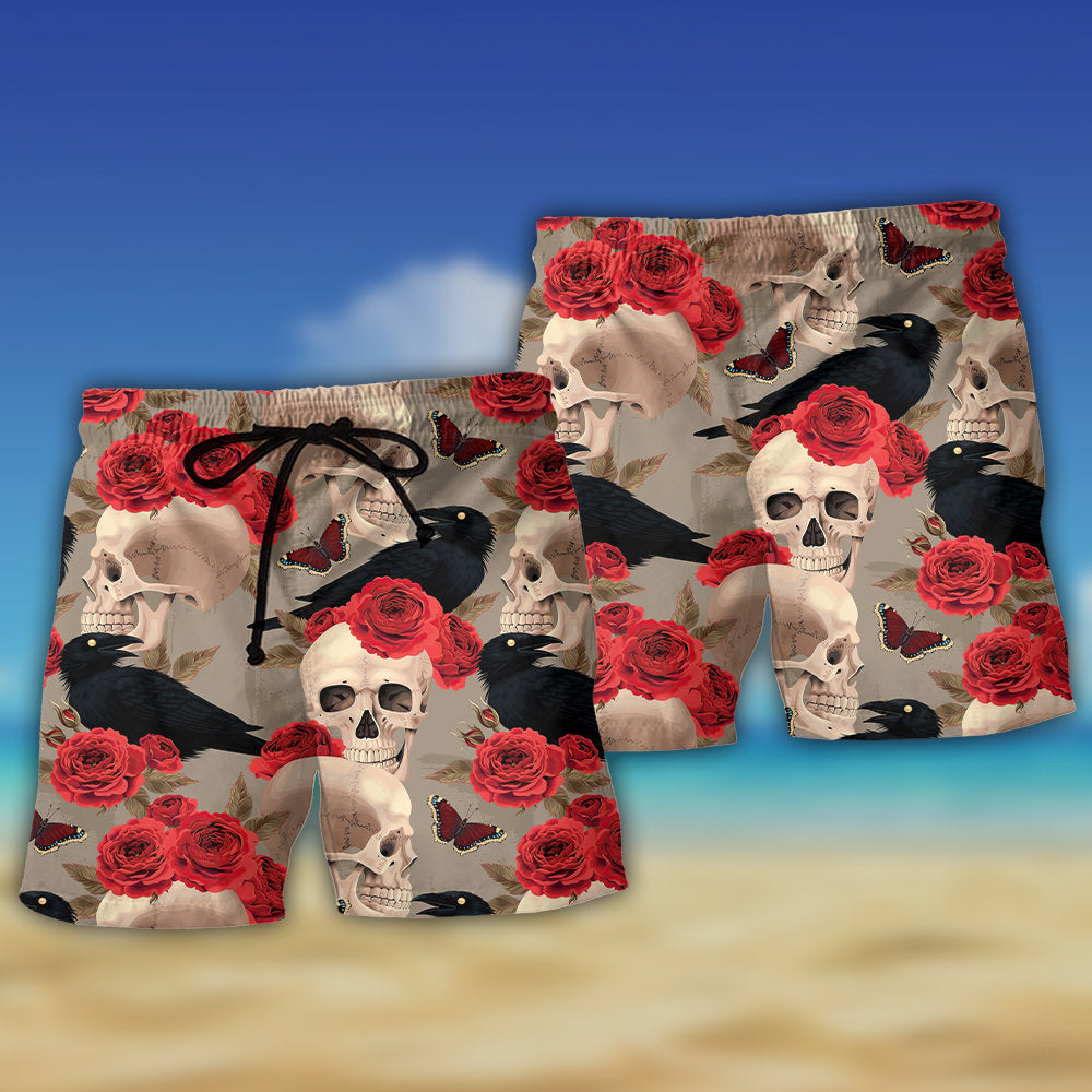 Gothic Skull With Rose And Raven Beach Shorts Pattern View For Resort Days And Outdoor Activities