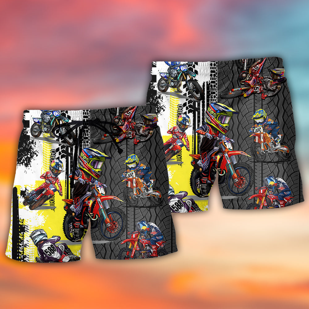 Motocross Racing Motorcycle Action Beach Shorts Design Detail For Casual Warm Weather Outfits