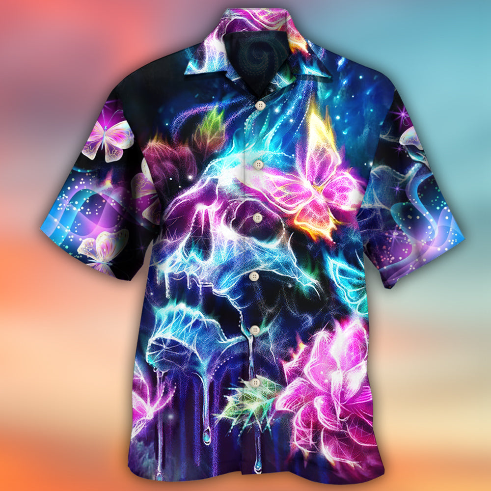 Floral Dreamy Skull Butterfly Lighting Hawaiian Shirt Design Detail For Beach Days And Holiday Travel