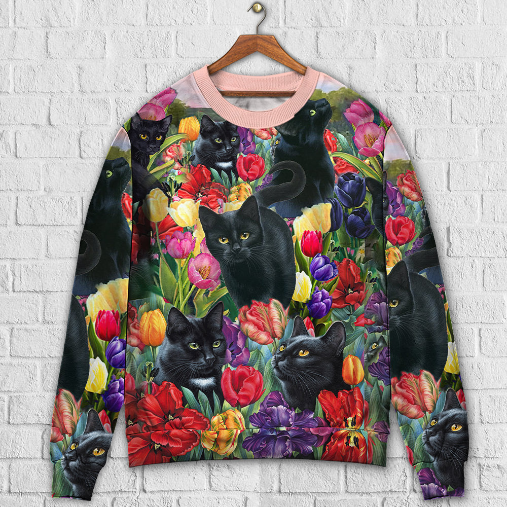 Black Cat Colorful Flowers Sweater For Animal Lovers Casual Wear Holidays And Thoughtful Gifting