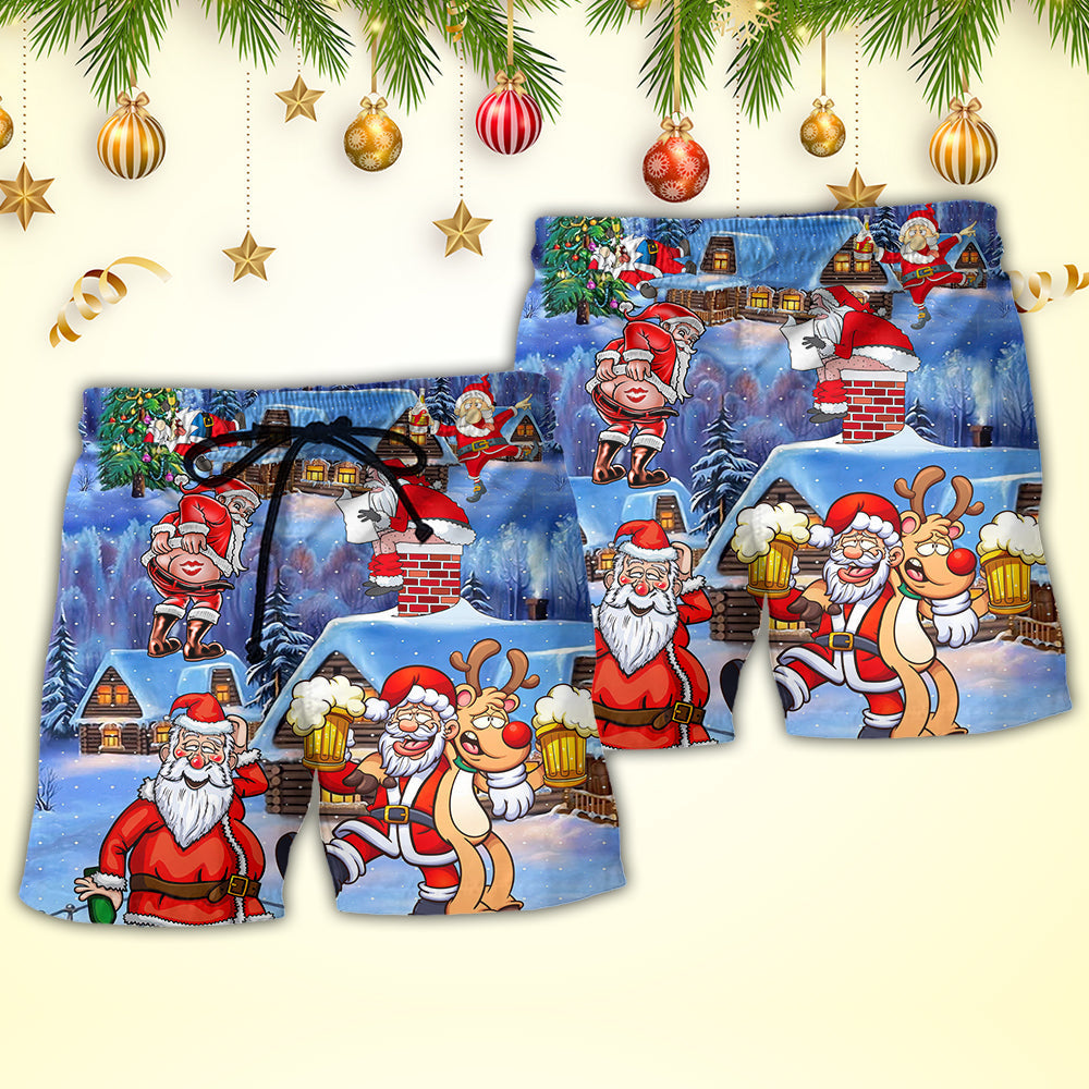 Christmas Santa Beer Troll Happy Beach Shorts Artwork Detail For Casual Warm Weather Outfits