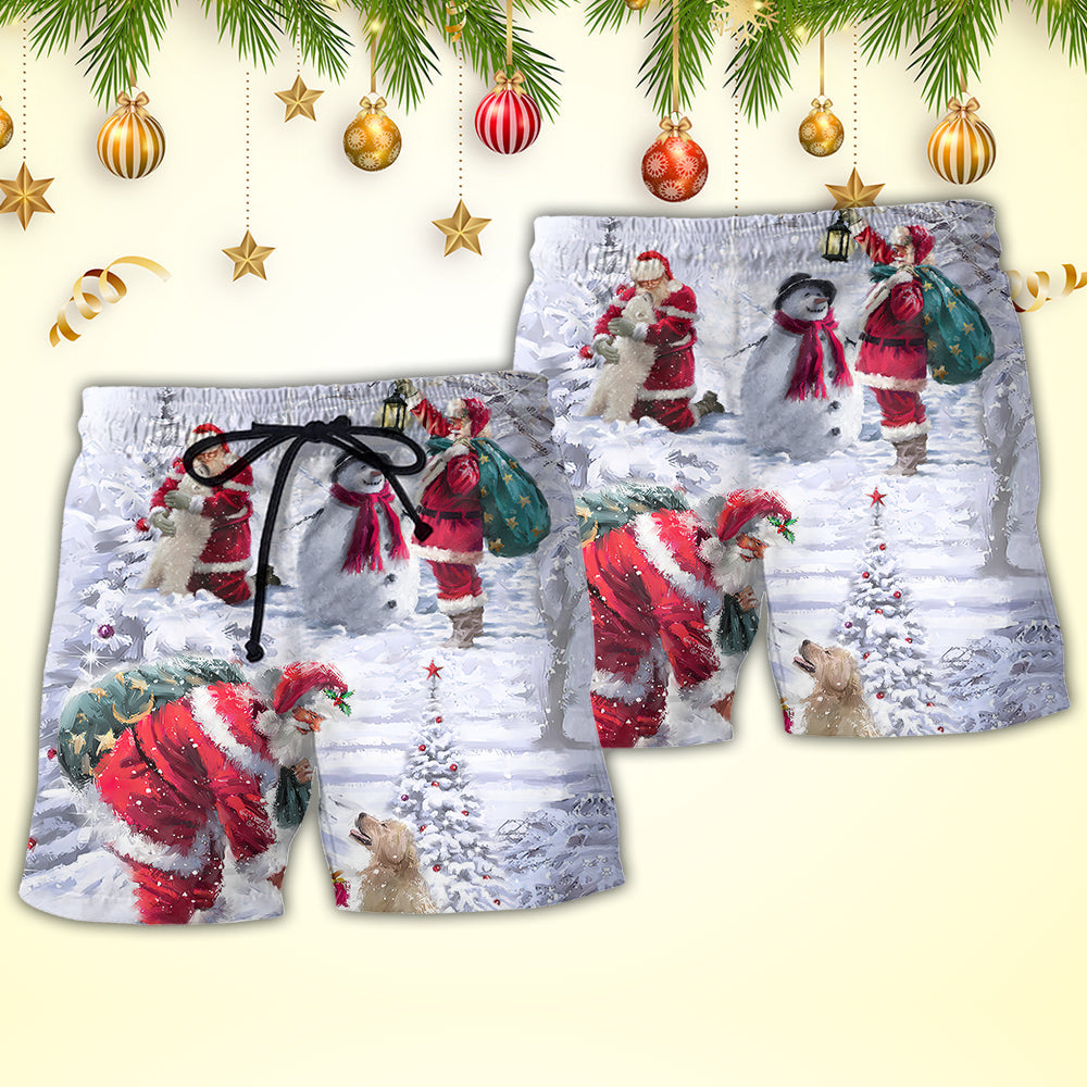Santa Animals Snow Beach Shorts Pattern Detail For Vacation Style And Leisure And Relaxation