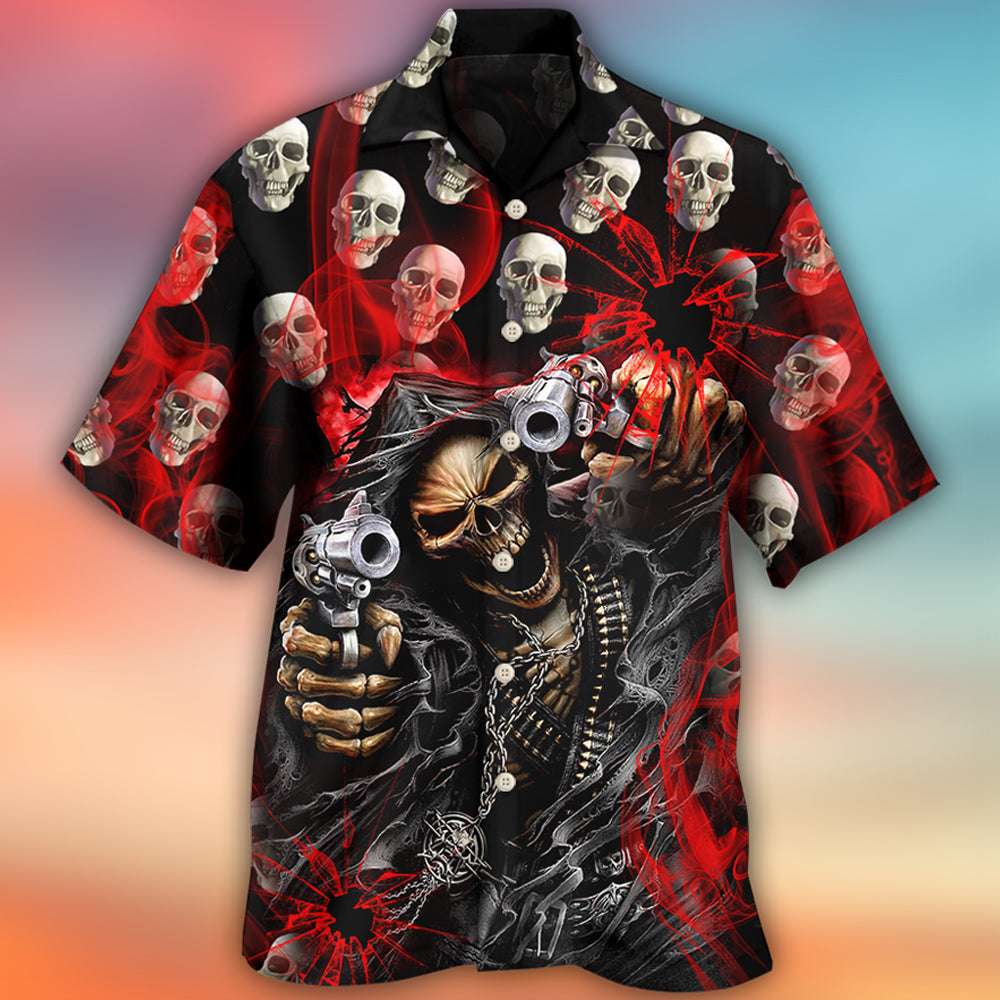 Dark Western Red Skull Smoke Lighting Hawaiian Shirt Pattern View For Relaxed Warm Weather Outfits