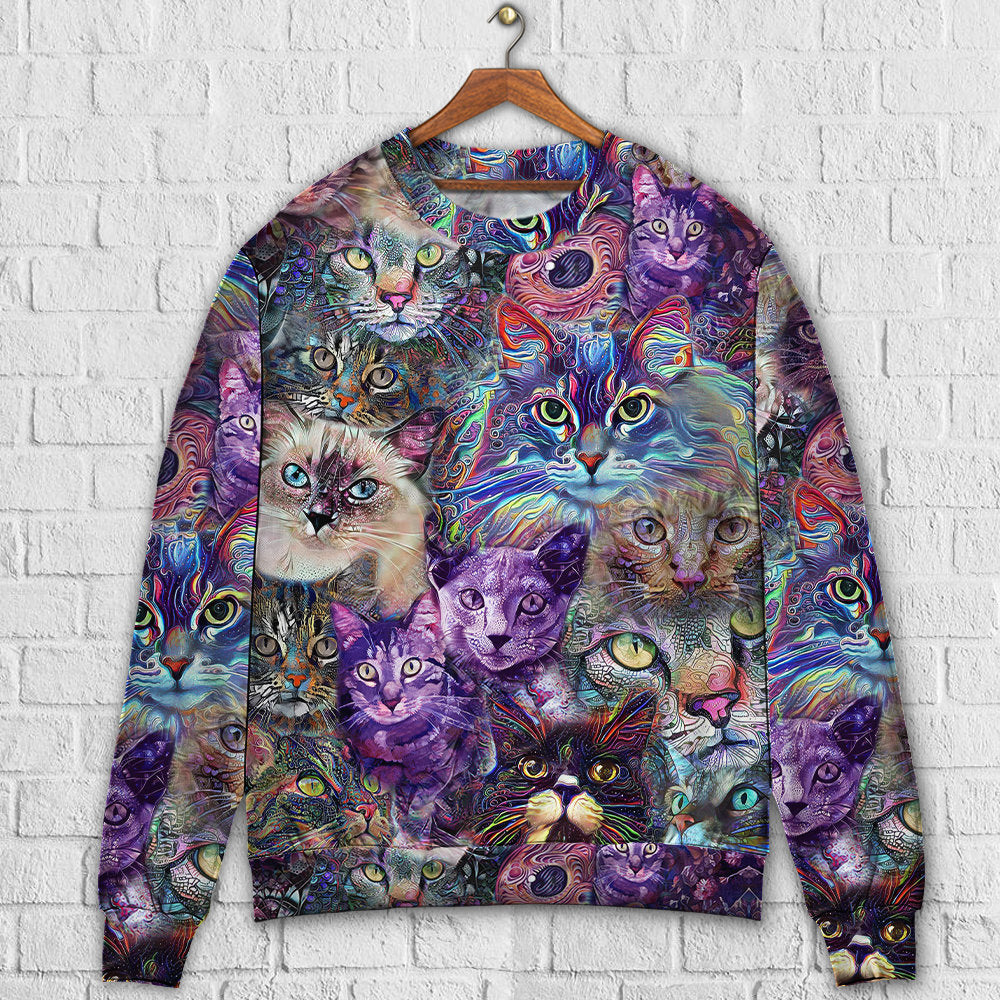 Cat Purple Trippy Sweater For Bohemian Style Festivals Travel And Casual Everyday Wear