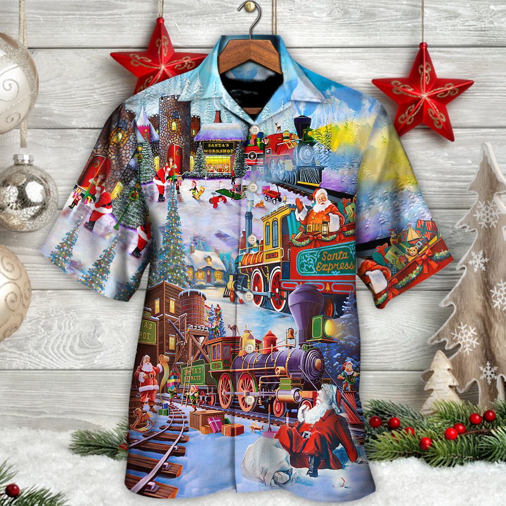 Christmas Holiday Santa Train Hawaiian Shirt Relaxed Style View For Vacation Style