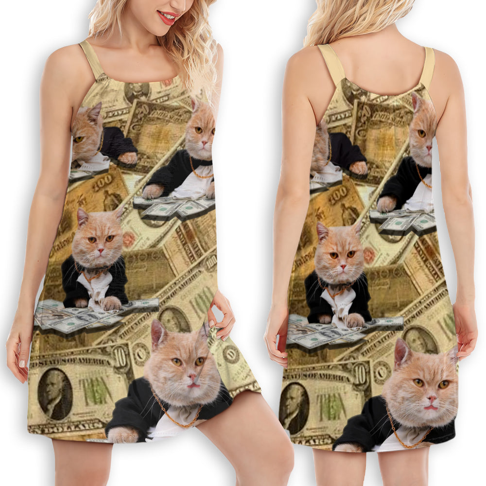 Cat Money Vintage V-Neck Sleeveless Cami Dress For Beach Trips And Charming Warm Weather Outfits