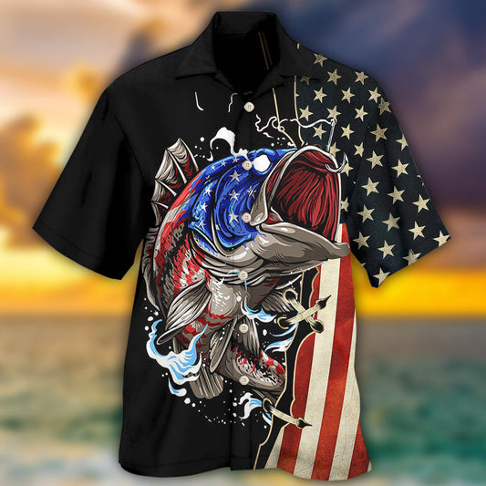 Patriotic Fishing Independence Hawaiian Shirt For Summer Vacation, Beach Travel, And Casual Wear