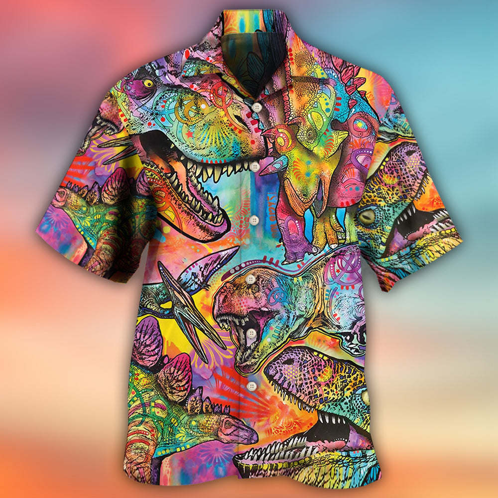 Colorful Dinosaur Artistic Hawaiian Shirt For Summer Vacation And Beach Travel