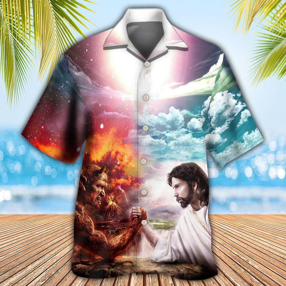 Wrestling Arm Faith Vs Satan Hawaiian Shirt Pattern Detail For Vacation Travel And Daily Wear
