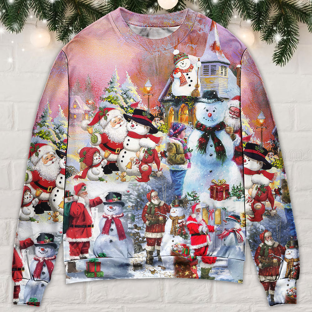 Santa And Snowman Snow Village Sweater For Winter Celebrations Family Events And Thoughtful Gifting
