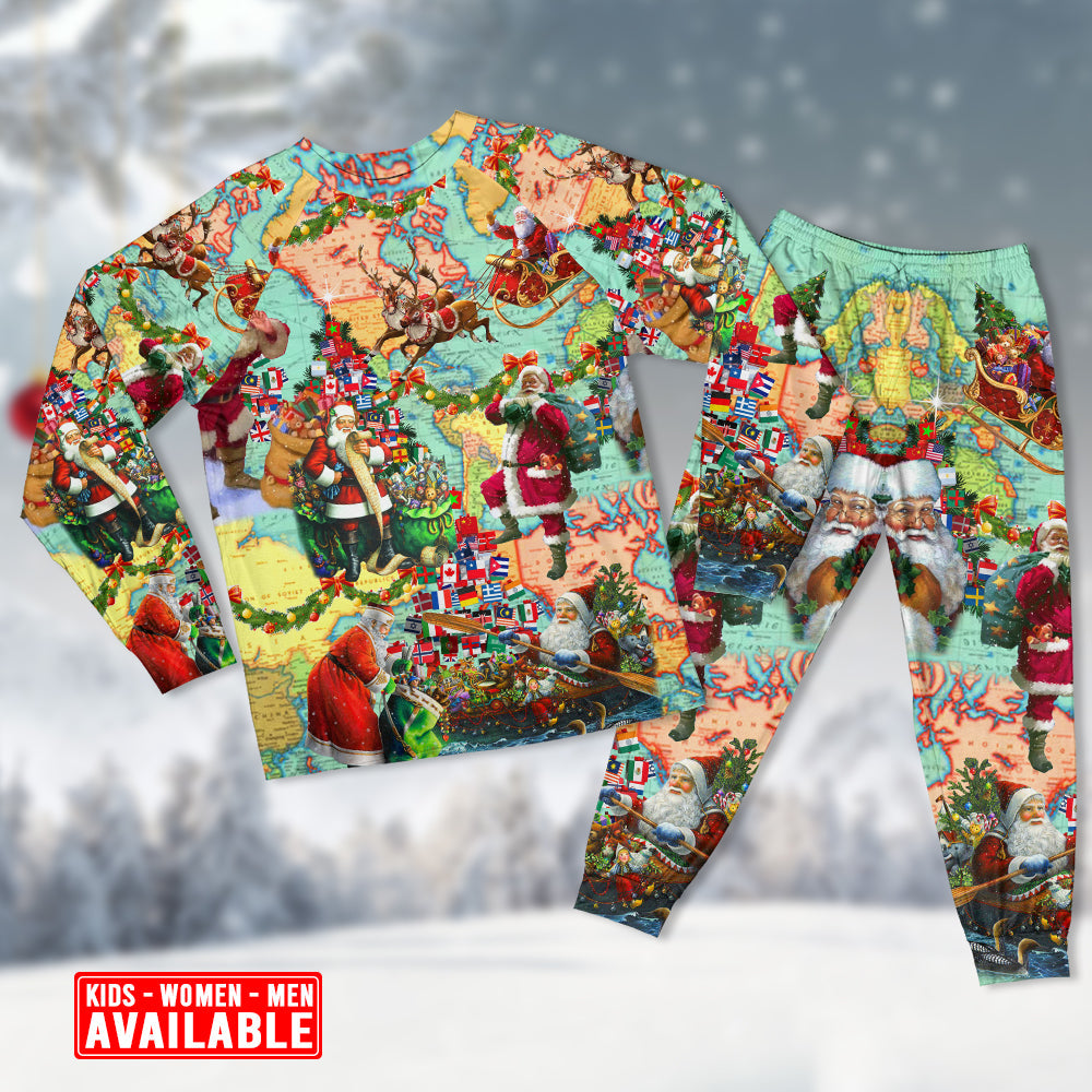 Santa World Map Christmas Love Long Sleeve Pajamas Set For Holiday Bedtime And Cozy Home Wear