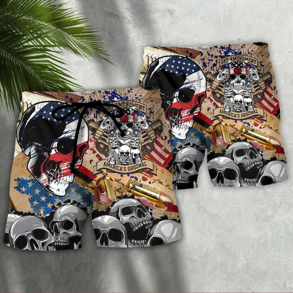 America Patriotic Second Amendment Skull Art Beach Shorts For Independence Day Vacation Wear
