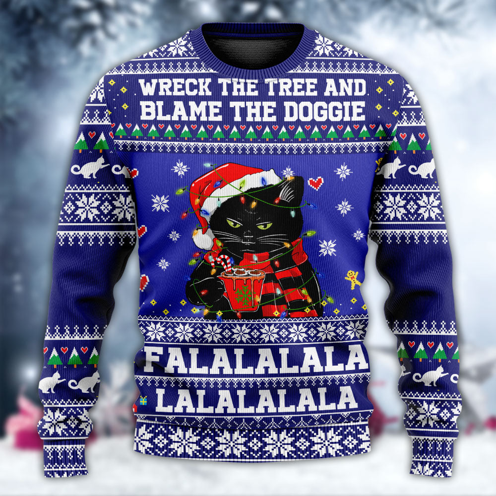 Black Cat Wrecks Tree Funny Holiday Sweater For Holiday Parties Family Gatherings And Seasonal Gift Giving