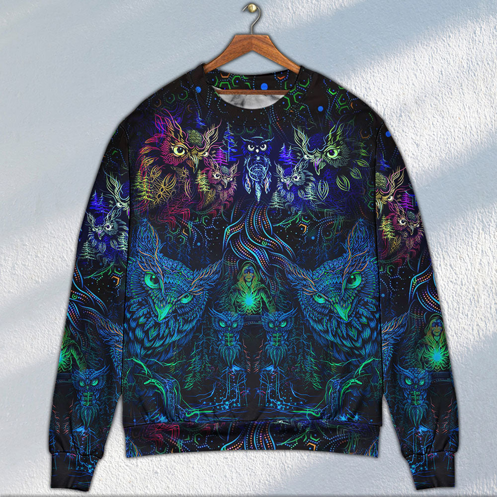 Colorful Owl And Witch Fantasy Sweater For Art Lovers Holidays Parties And Comfortable Wear