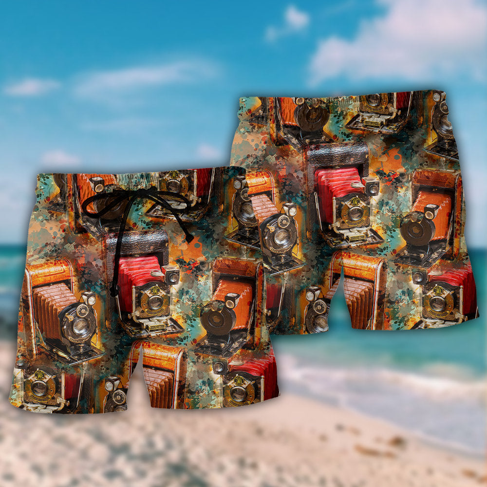 Vintage Retro Film Camera Beach Shorts Pattern Detail For Relaxed Warm Weather Outfits