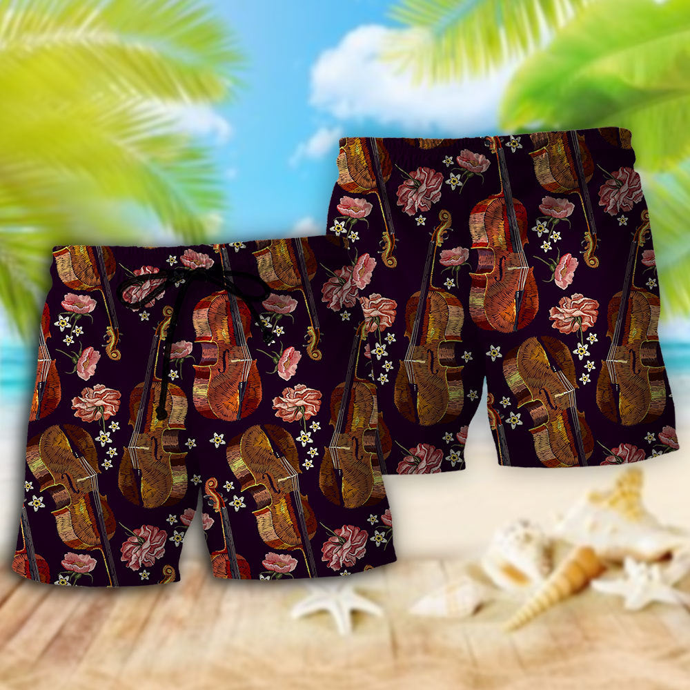 Violin Music Lover Floral Theme Beach Shorts For Summer Festivals And Travel