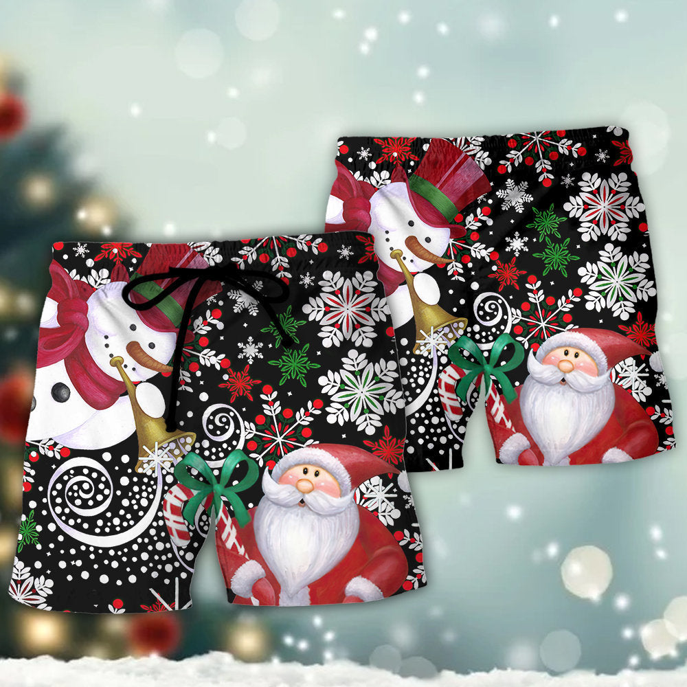 Christmas Snowy Day Santa And Snowman Beach Shorts Design Detail For Coastal Escapes And Daily Wear