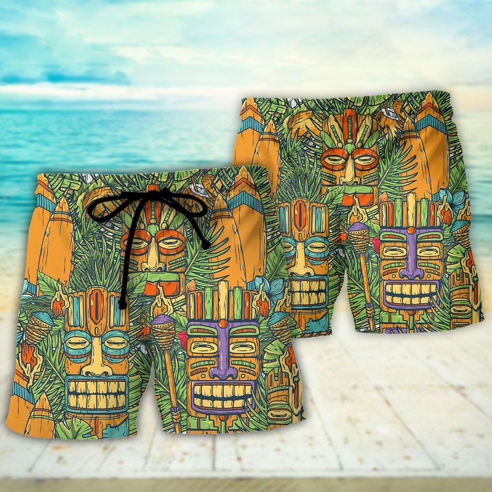Tiki Mask Surf Palm Tropical Beach Shorts For Warm Weather Travel And Everyday Comfort