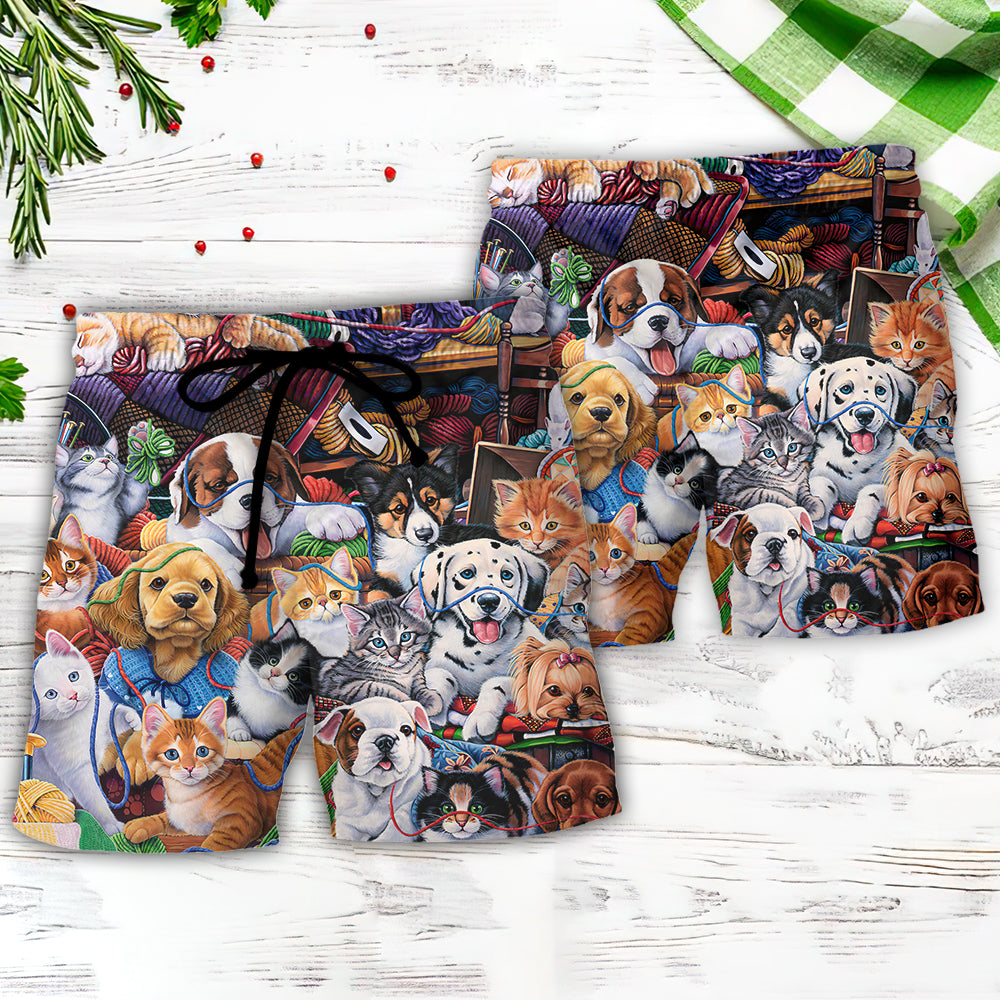 Dog Cat Beach Shorts Pattern Detail For Coastal Travel And Comfortable Daily Use