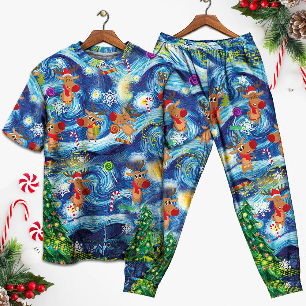 Happy Dancing Reindeer Christmas Short Sleeve Pajamas Set For Christmas Mornings And Relaxed Lounging