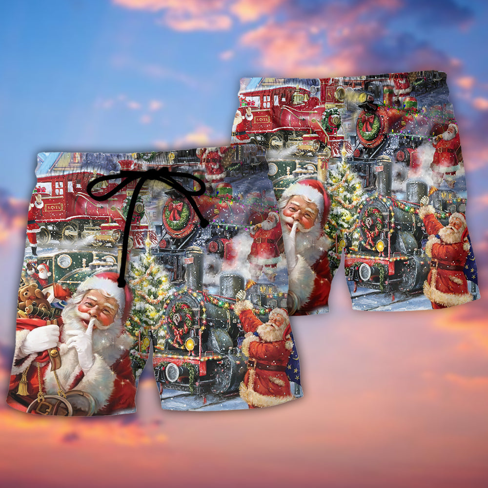 Christmas Train Beach Shorts Pattern Detail For Summer Travel And Versatile Outdoor Wear