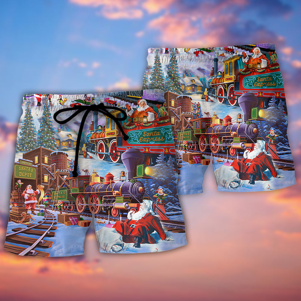Christmas Holiday Santa Train Beach Shorts Pattern Detail For Poolside Fun And Laid Back Styling