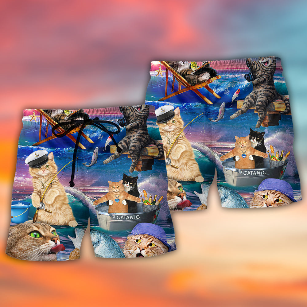 Cute Fishing Cat Beach Shorts Print View For Coastal Escapes And Casual Outings
